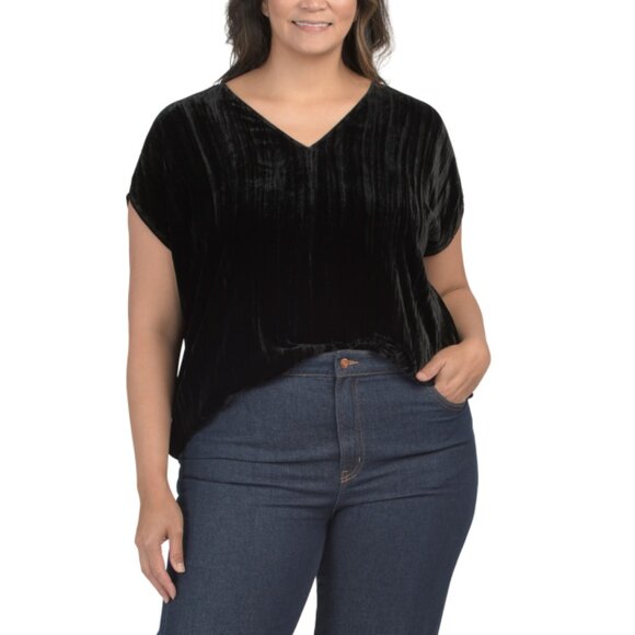 EILEEN FISHER Black Plus Silk Blend Crushed Velvet Top - Picture 1 of 2